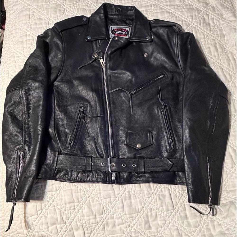 River Road Motorcycle Jacket Men 46 Black Leather Biker Asymmetrical Zip Belted